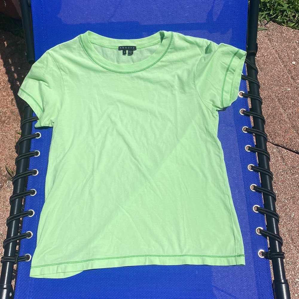 Theory tee shirt. Women’s size small. Lime green with darker green stitching.